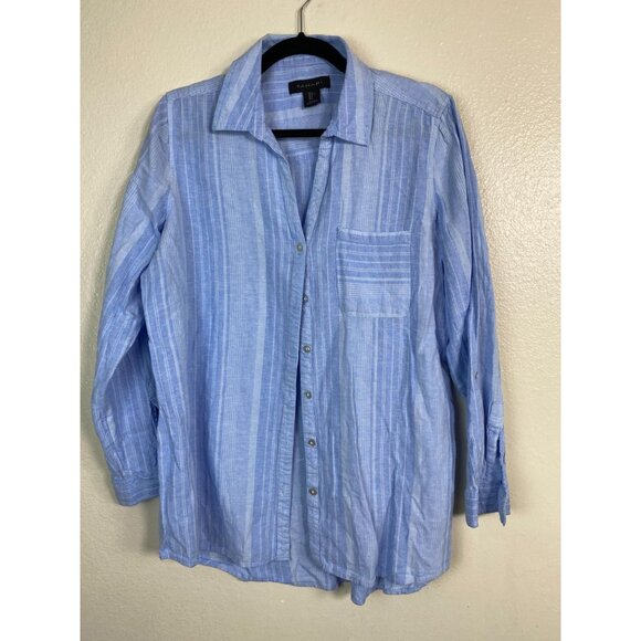 Tahari Linen Blend Blue Striped Button Up Long Sleeve Top Women Large lagenlook - Picture 13 of 14